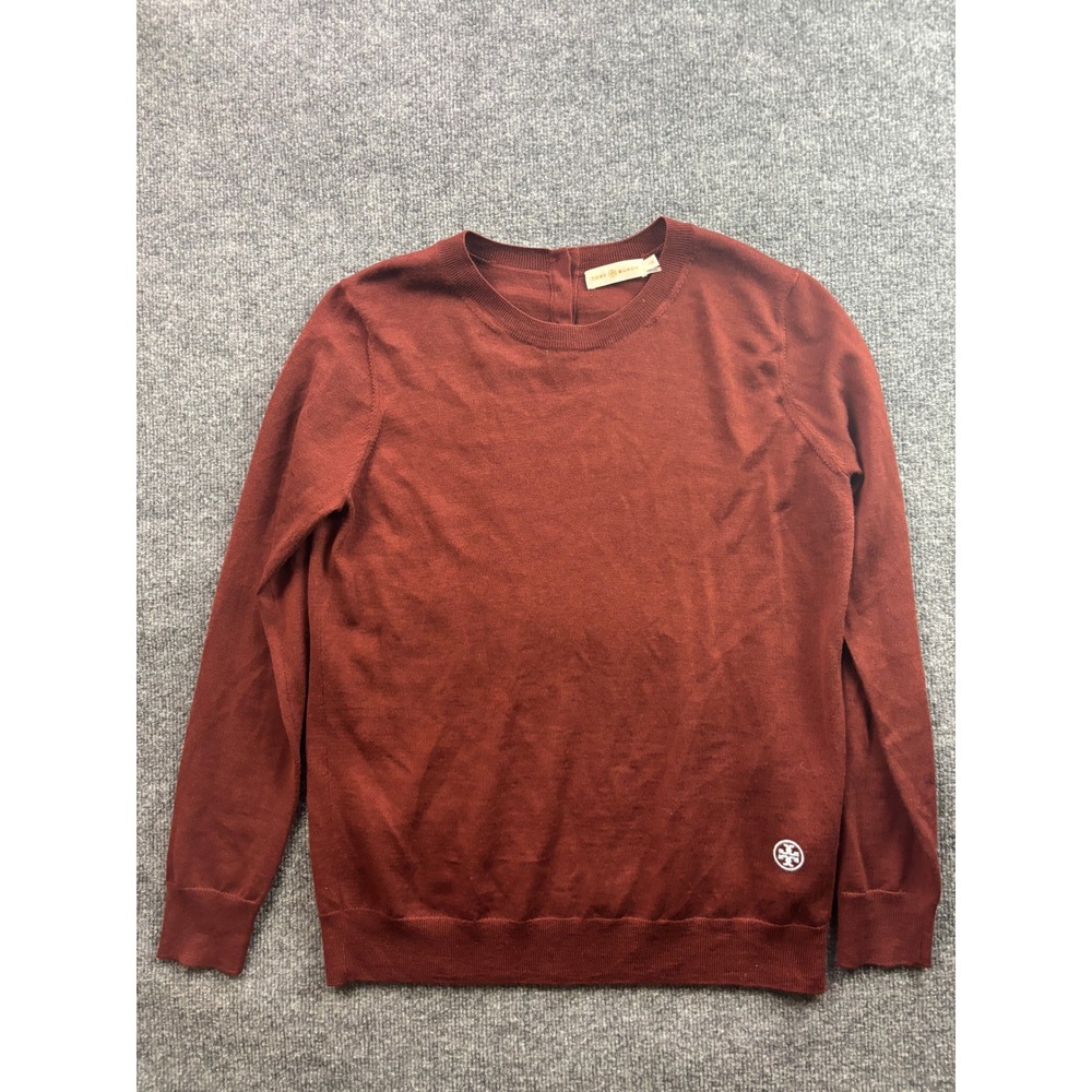 Tory Burch Sweater Womens Large Burgundy Red Merino Wool Back Button Logo 31719